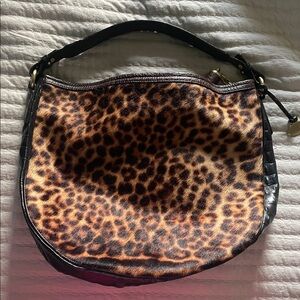 Brahmin Leopard Print calf hair Hobo Bag with Black Trim